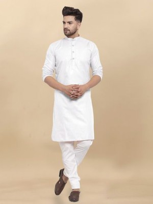 Traditional Festival Plain Cotton White Kurta Pajama